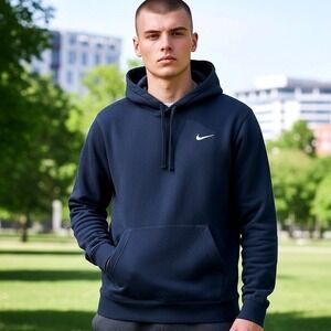 Nike Mens Size Small Fleece Pullover Hoodie Navy Blue Embroidered Swoosh